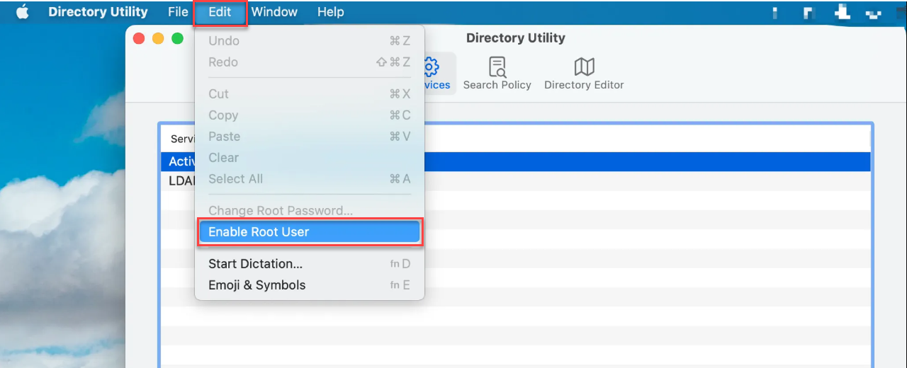 Directory Utility > Edit > Enable Root User