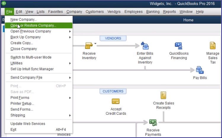 In QuickBooks, access File and choose Open or Restore Company.