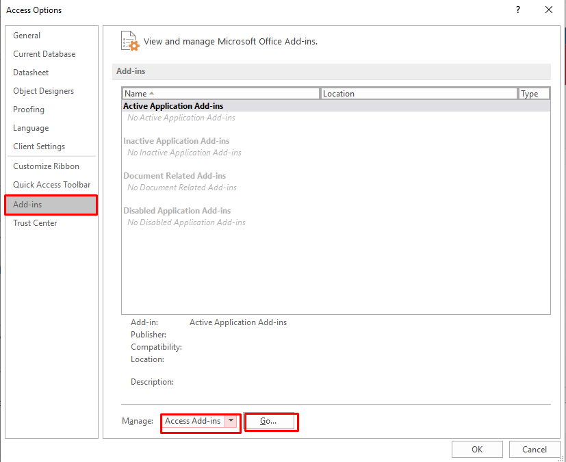 Accessing Add-ins in MS Access: Selecting Access Add-ins and Clicking 'Go' in Options Menu