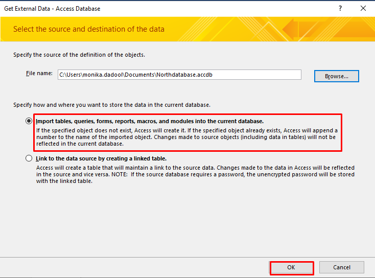 Importing Data: Selecting Database and Import Options in Get External Data - Access Database Window