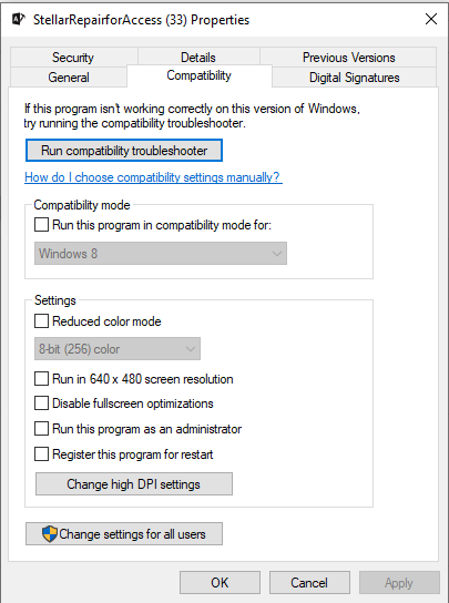 Modifying Access Application Properties: Adjusting Compatibility Settings for Access.exe