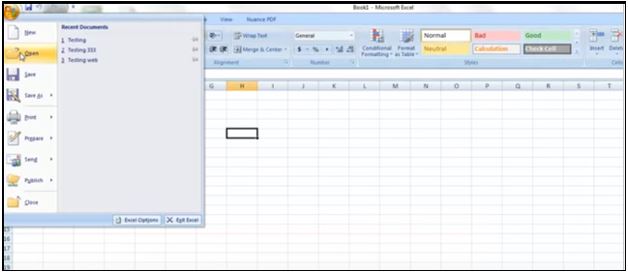 Open Microsoft Excel 2007 Main Menu