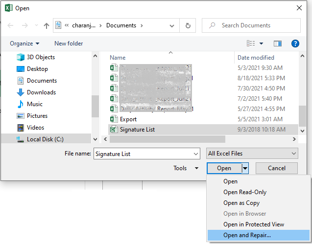 open and repair excel file