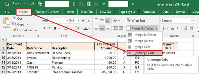unmerging cells from home tab in Excel