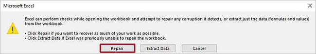 Repairing the corrupt workbook from Excel