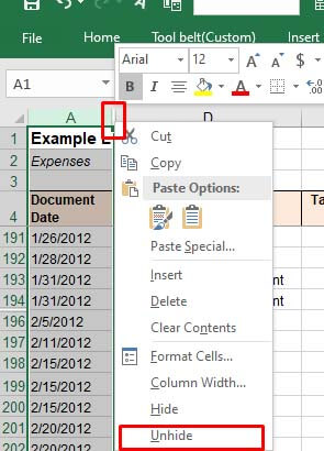 unhiding the rows in Excel