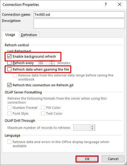 Enabling the connection properties by enabling and refreshing data