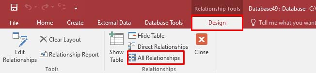 Clicking All Relationships from Design view