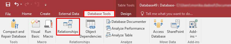 Clicking Relationships from the Database Tools Tab