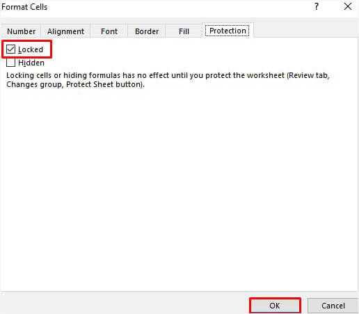 Click on Locked Cell under Protection Tab