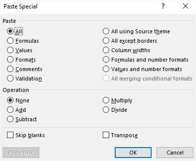 Click on Paste and Selection of Operations from Paste Special Properties