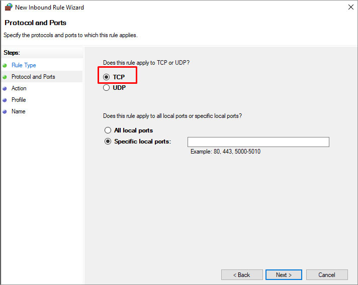 Click On TCP In Protocols And Ports