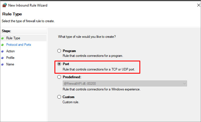 Click Port Option On New Inbound Rule Wizard