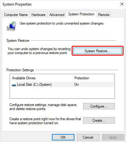 select system restore on system protection