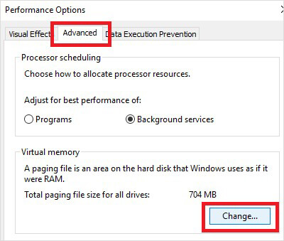 select advanced and then click change on performance options screen