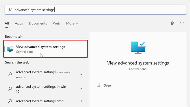 open view advanced system settings