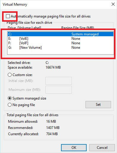 select automatically manage paging file sie for all drives