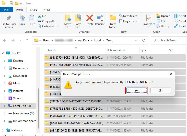 select all temp files to permanently delete