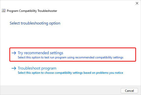 select recommended settings or troubleshoot program