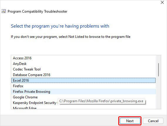 select the problematic program