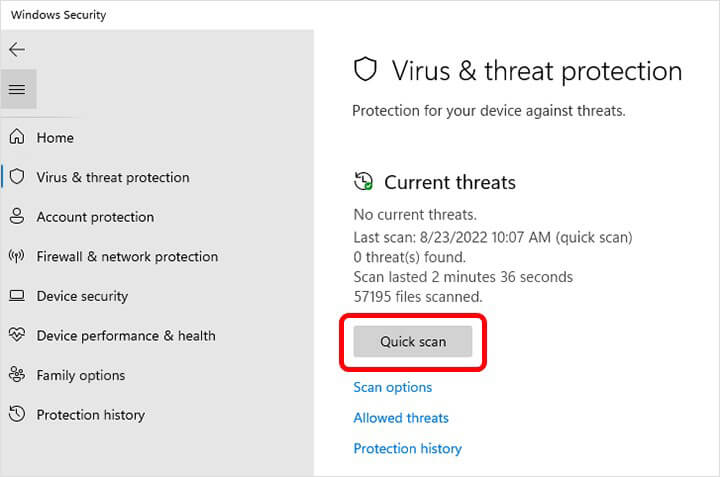 select quick scan under virus and threat protection