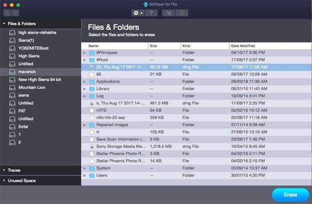 BitRaser file eraser for Mac, displaying the list of files and folders for erasure