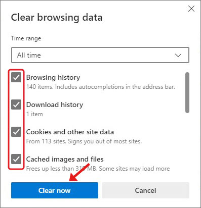 clear all edge browser cache and data