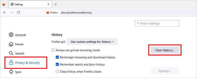 select privacy and settings in firefox settings
