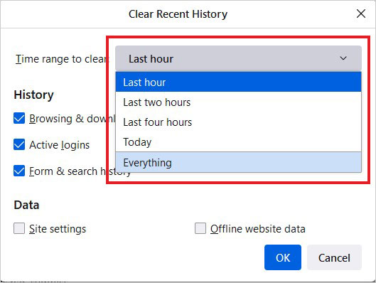 choose time range to clear browsing history and more