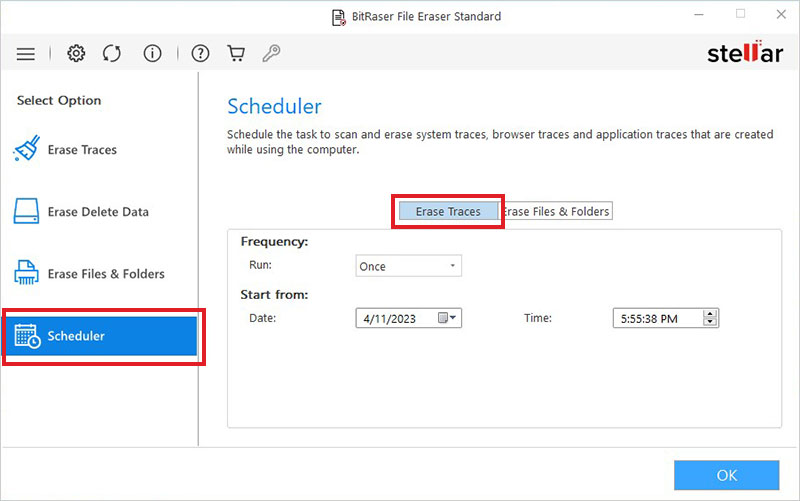 go to scheduler in BitRaser File Eraser and select Erase traces