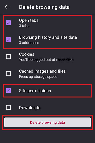 select browsing history and site data with open tabs and site permission to delete