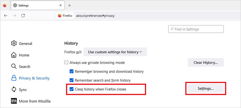 select clear history when firefox closes and open settings