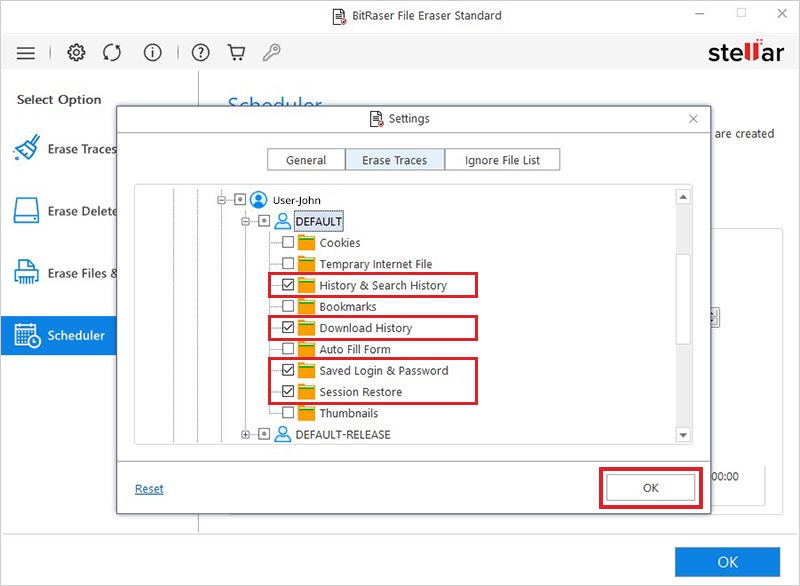 select history and download history, saved logins, passwords and more in DEFAULT category