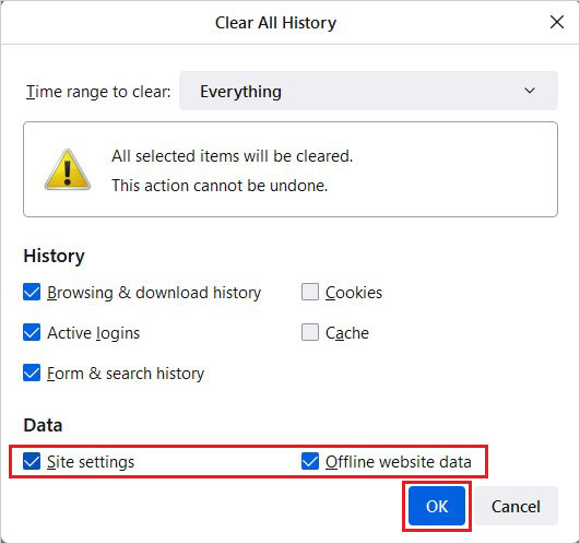 select site settings and offline website data to delete history and click ok