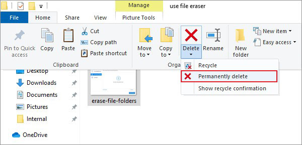 permanently delete files using the delete button in the file explorer ribbon