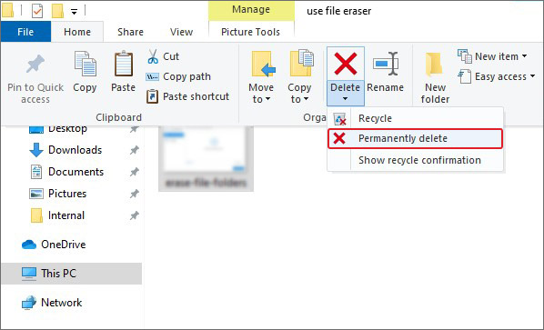 permanently delete photos from the computer using the file explorer ribbon 