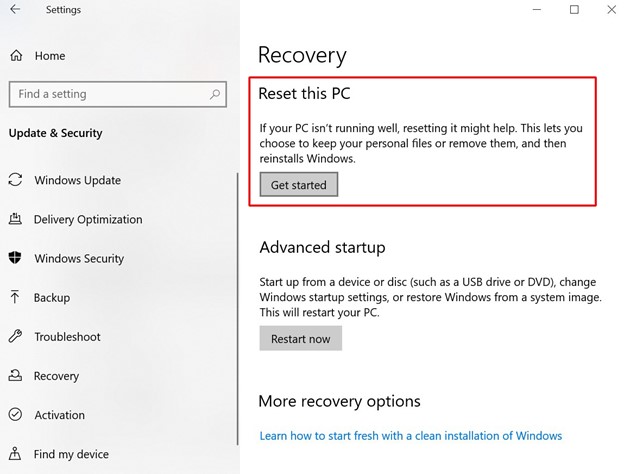 Select Get Started under Recovery in Windows Settings