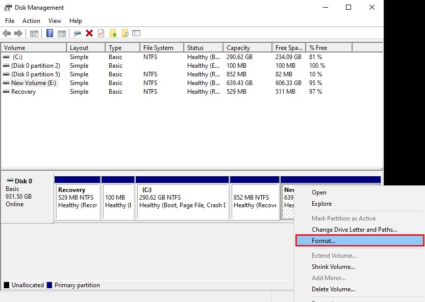 Format drive in disk management