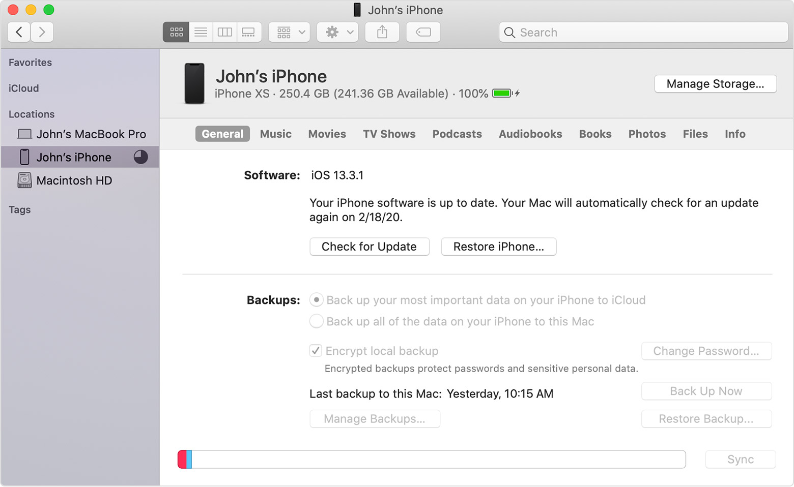 Figure: iPhone backup options in iTunes on Mac
