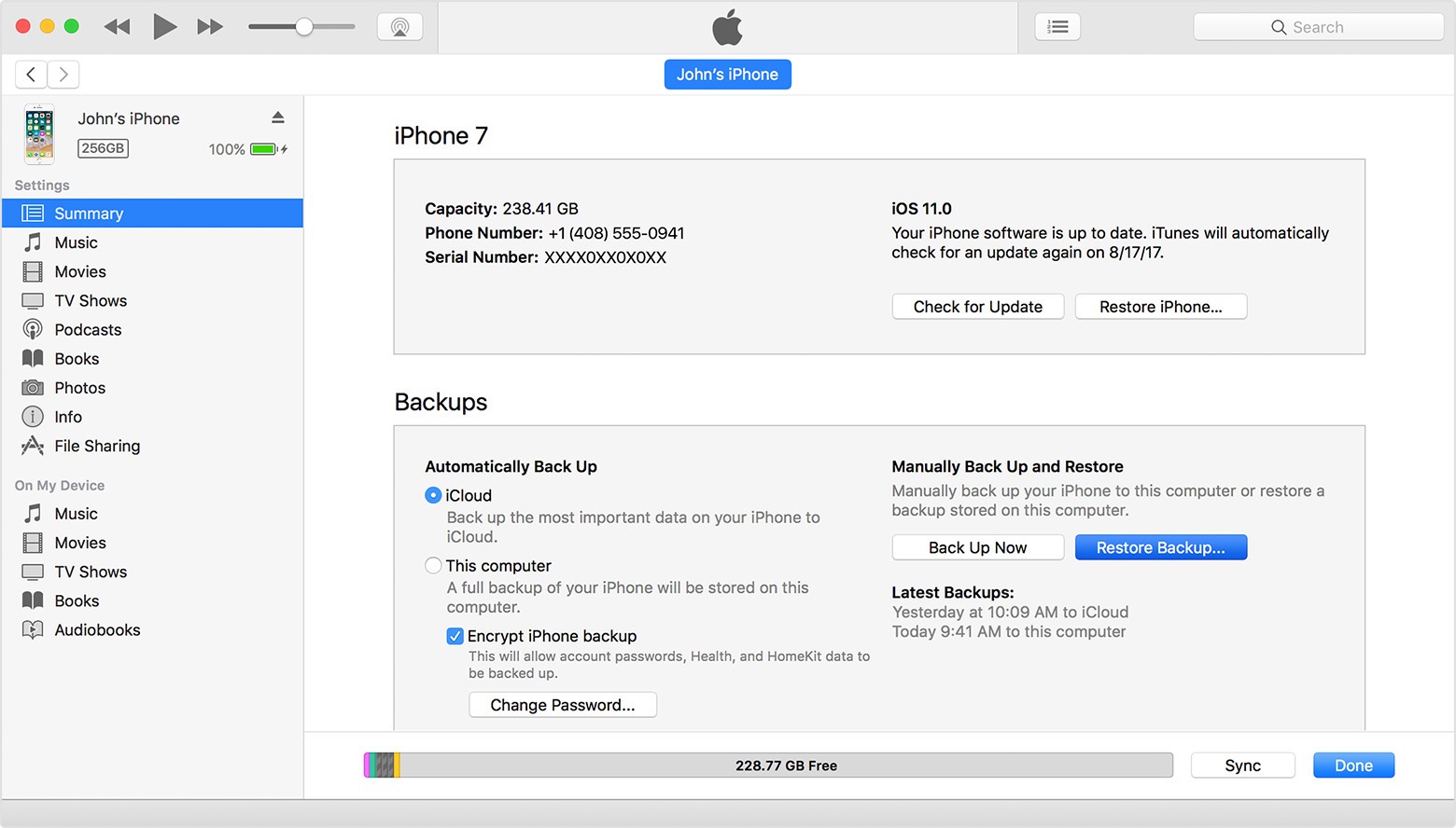 iPhone backup option in iTunes on Windows PC