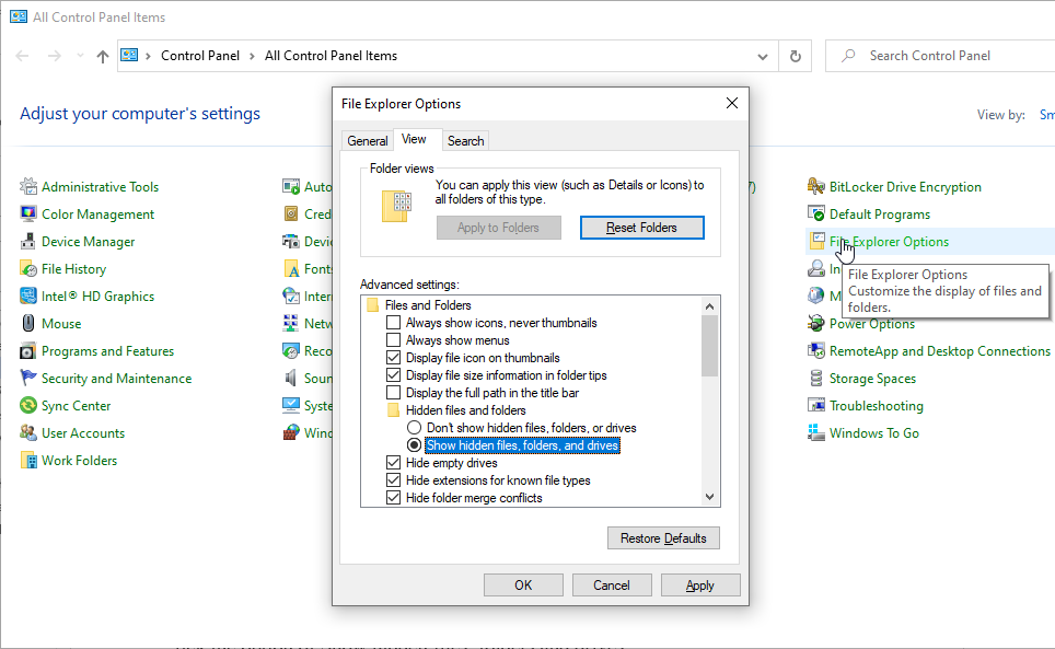 Unhide files from File Explorer Options