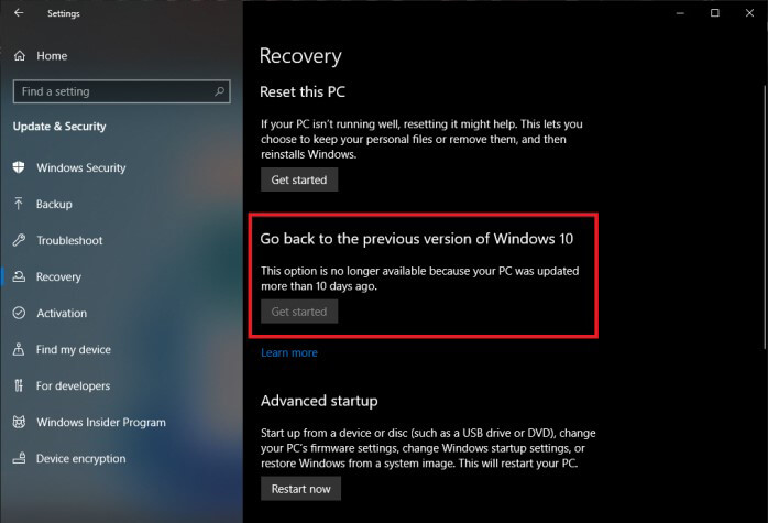 Go back to the previous version of Windows 10