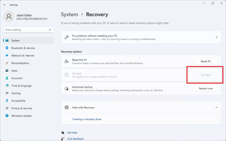 Select Go Back on recovery page in Settings