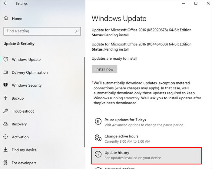 Select update history on Windows update page