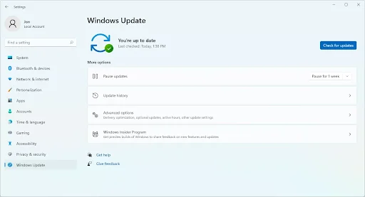 Check for windows update