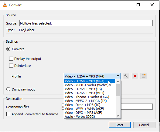 Select MP4 profile to convert video in VLC