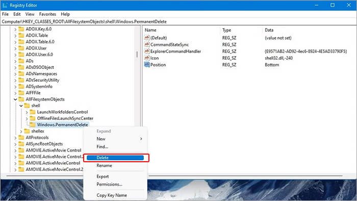 delete windows permanent delete option in registry editor