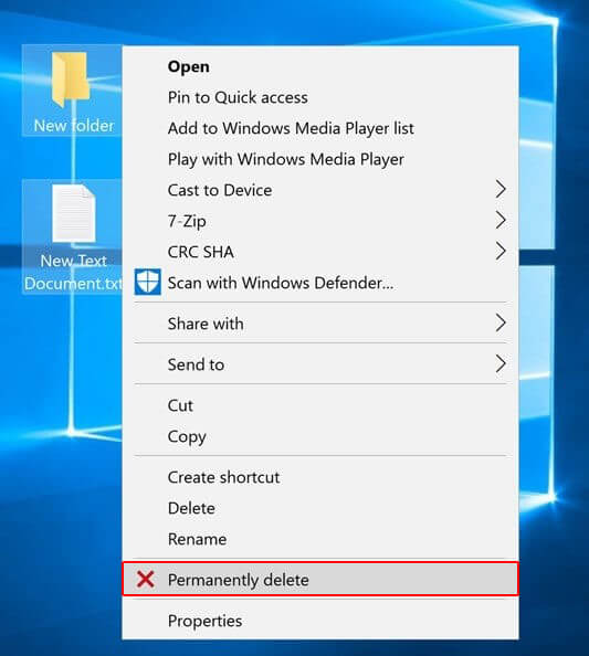 permanently delete option will reflect in context menu