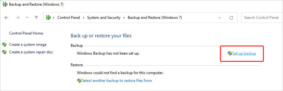 click set up backup