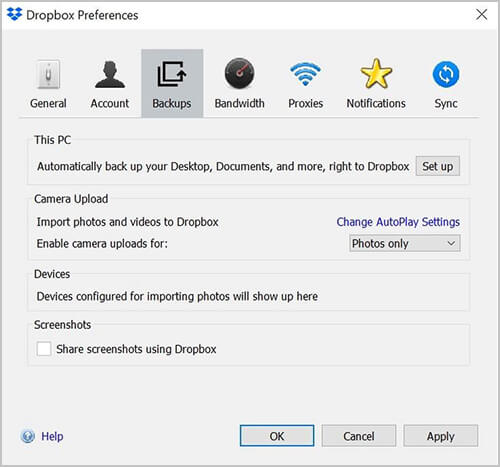set up automatically backup files to dropbox